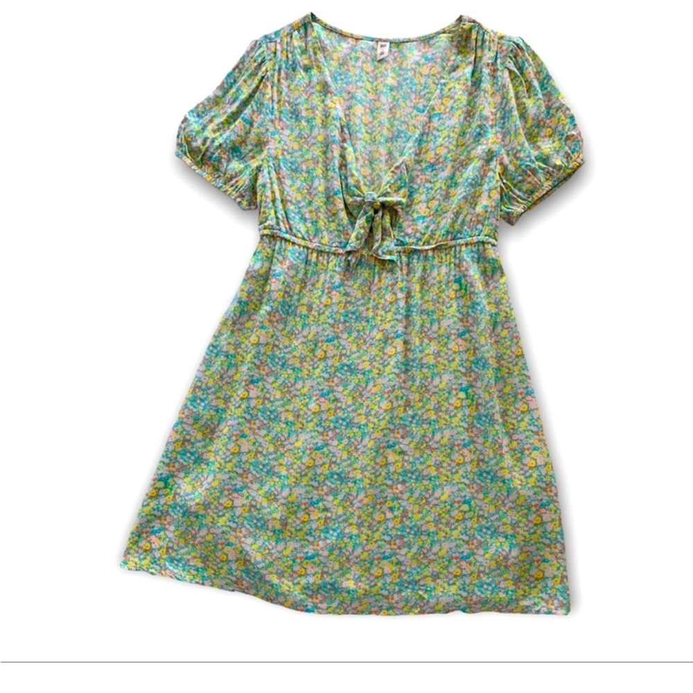 BP | BabyDoll Teal and Multicolor Floral Print Tie Front Short Sleeve